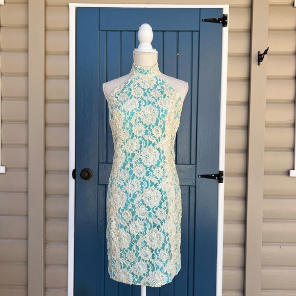 unknown Dresses & Skirts - Vintage High-Neck Aqua Midi Dress Lace Overlay with embroidery pearl Size XS